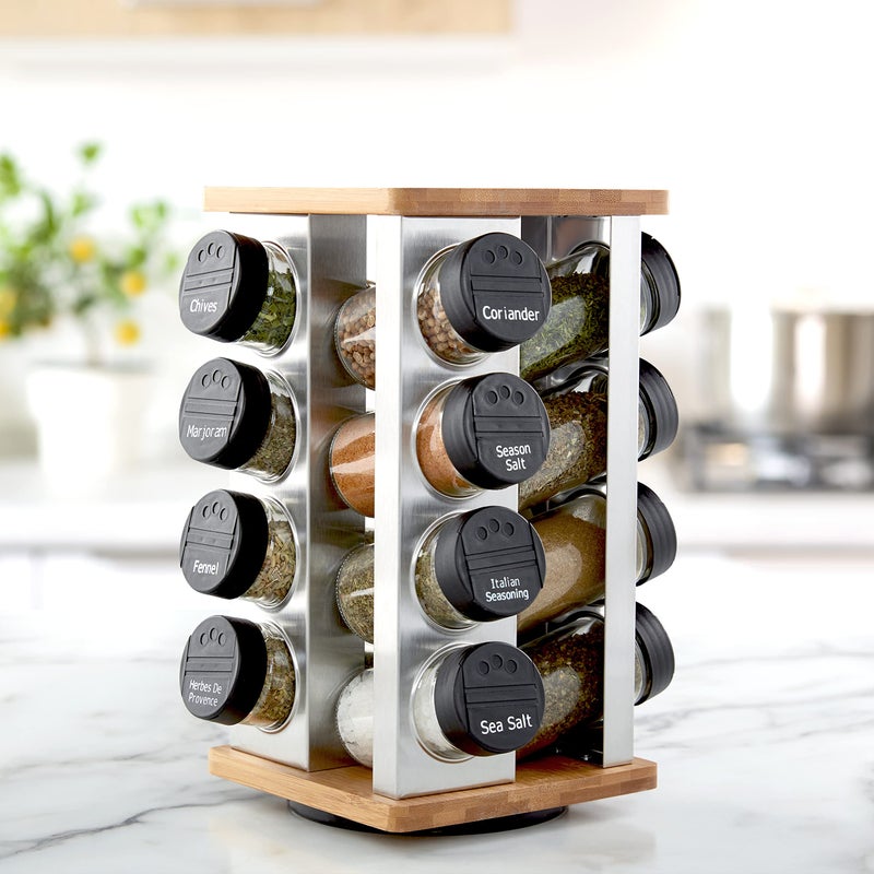 Kamenstein 16 Jar Warner Revolving Countertop Spice Rack Organizer with Lift & Pour Caps and Spices Included, FREE Spice Refills for 5 years, Stainless Steel & Bamboo with Black Caps - Image 3
